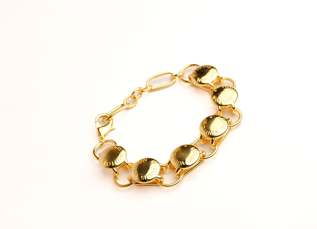 Alphabet L V Chunky Gold Round Button Bracelet | Bold Fashion Jewelry