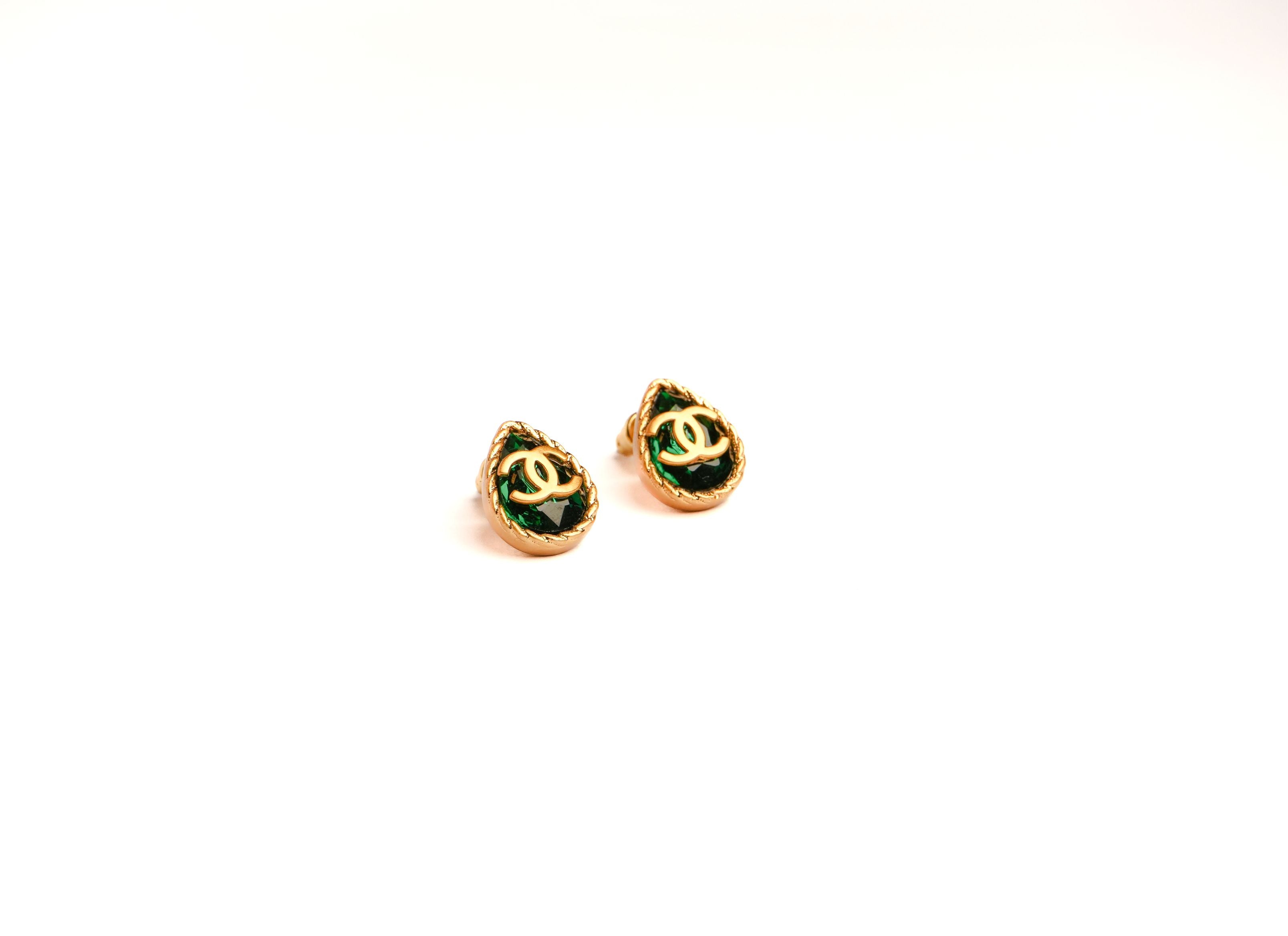 Double C Green Drop Studs in Matt Gold | Trendy Fashion Earrings