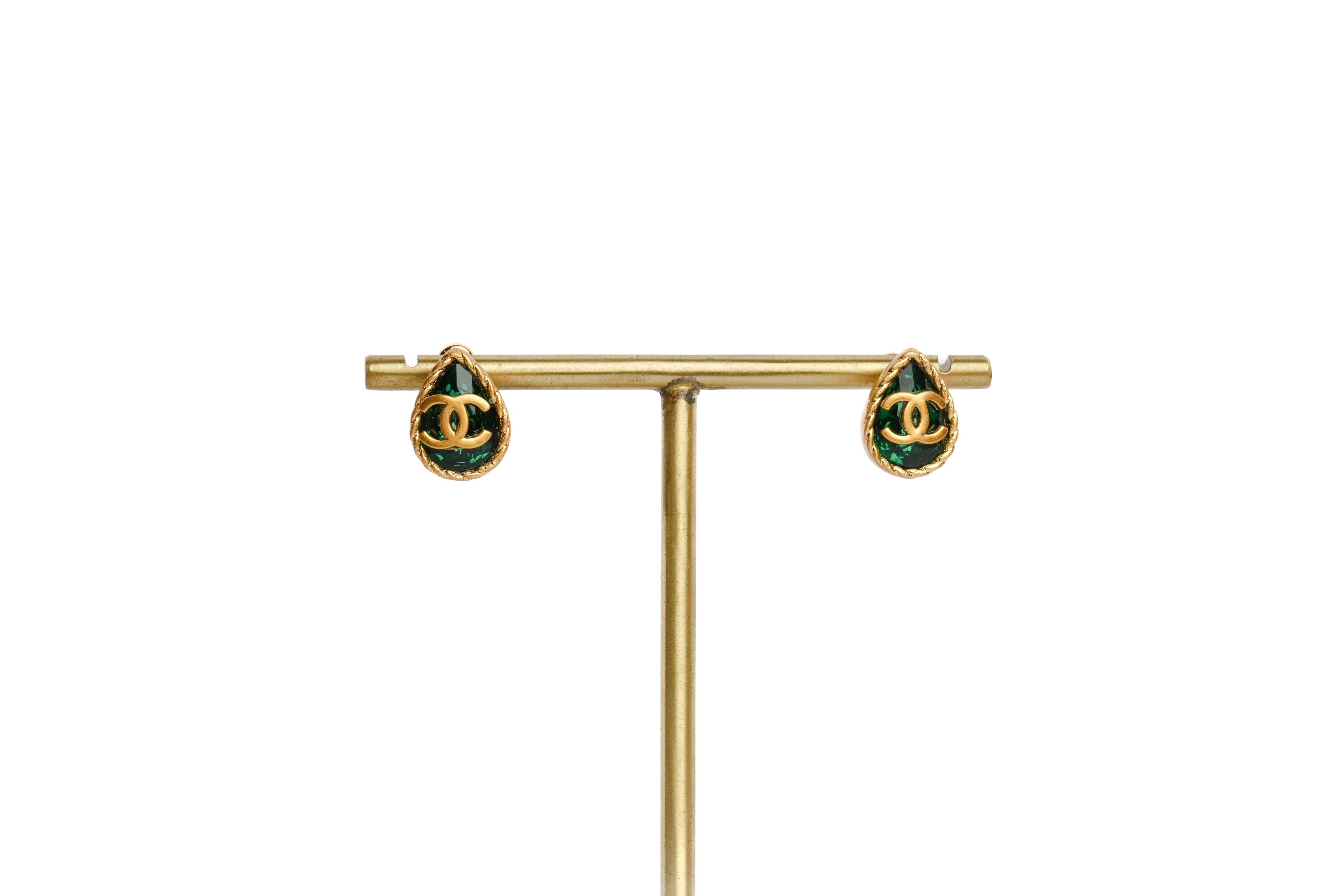 Double C Green Drop Studs in Matt Gold | Trendy Fashion Earrings