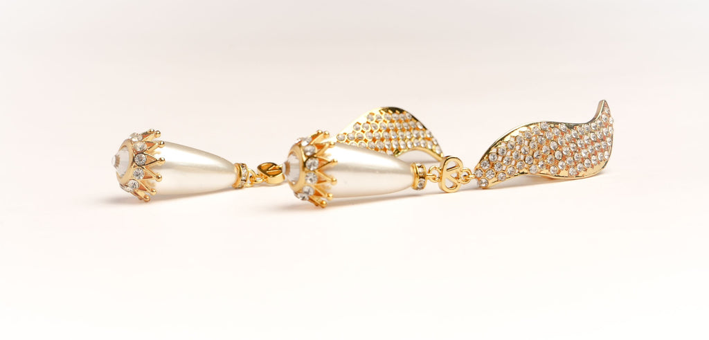 Alphabet V Long Pearl Dangler with CZ in Gold Plating | Luxury Drop Earrings