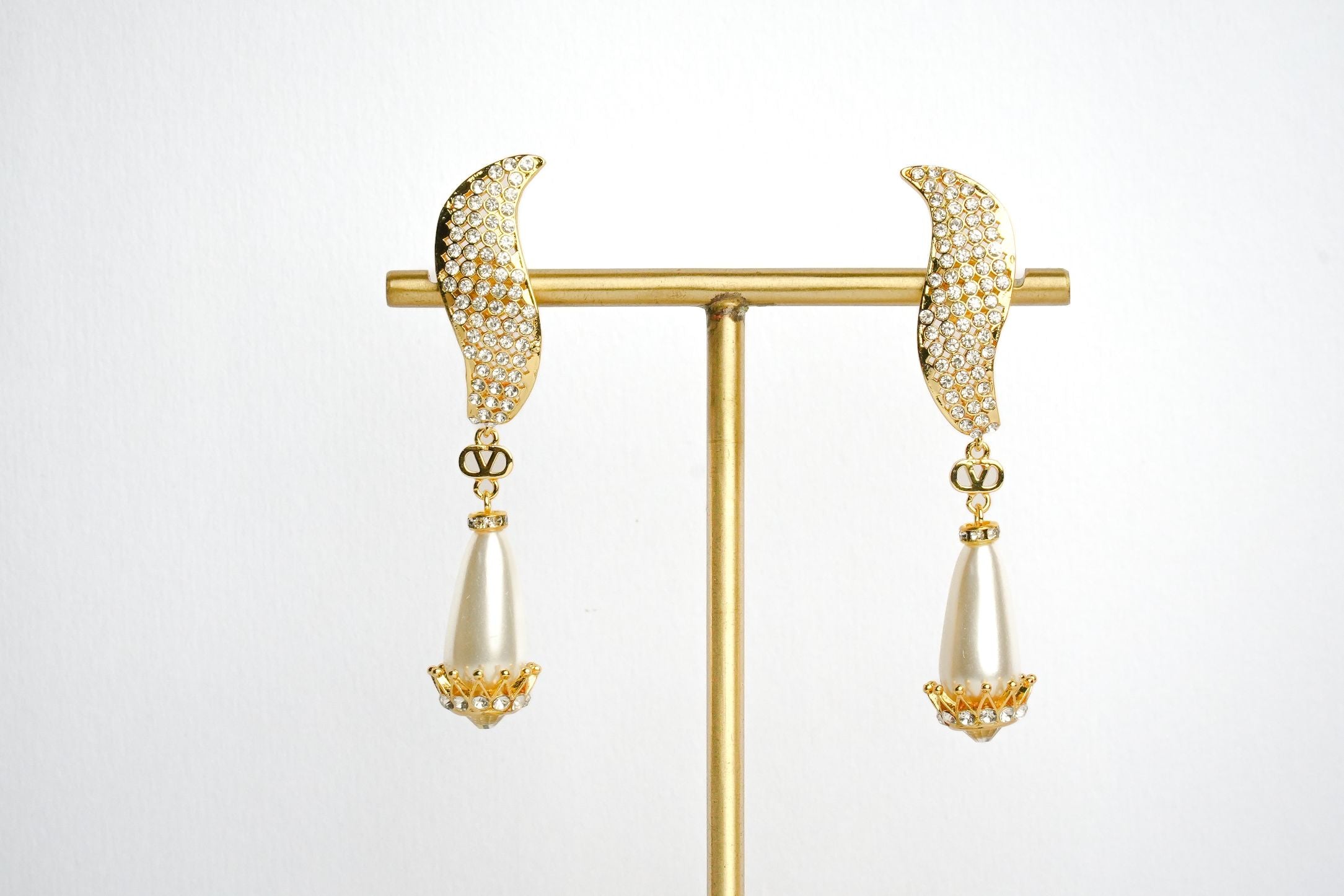 Alphabet V Long Pearl Dangler with CZ in Gold Plating | Luxury Drop Earrings