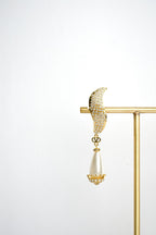 Alphabet V Long Pearl Dangler with CZ in Gold Plating | Luxury Drop Earrings