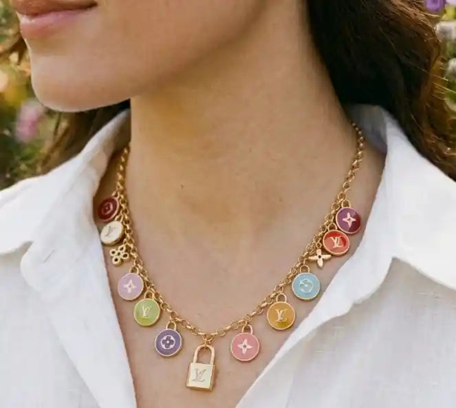 Gold Plated Multicolor Alphabet LV Charm Necklace