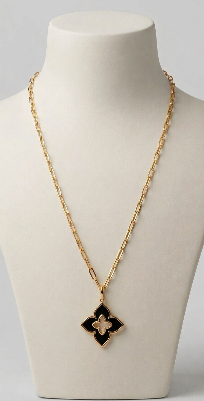 Alphabet RC Gold Plated Black Clover Plain Pendant Necklace