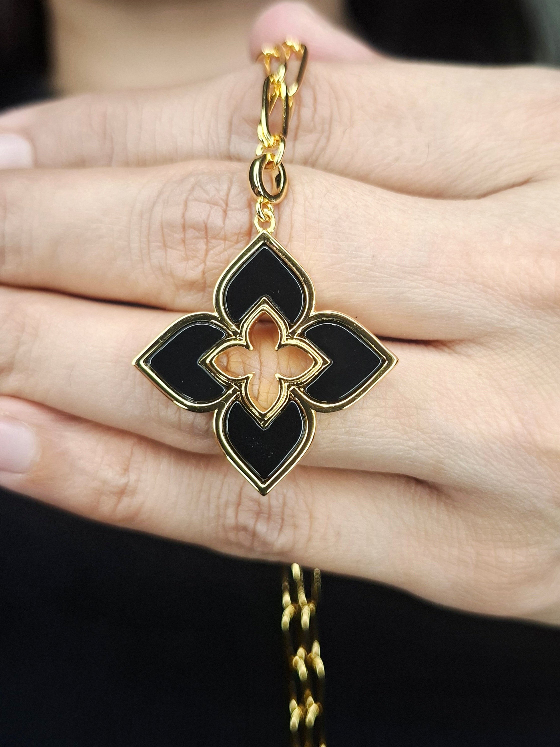 Alphabet RC Gold Plated Black Clover Plain Pendant Necklace