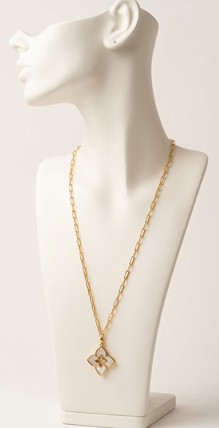 Alphabet RC Gold Plated White Clover Plain Pendant Necklace