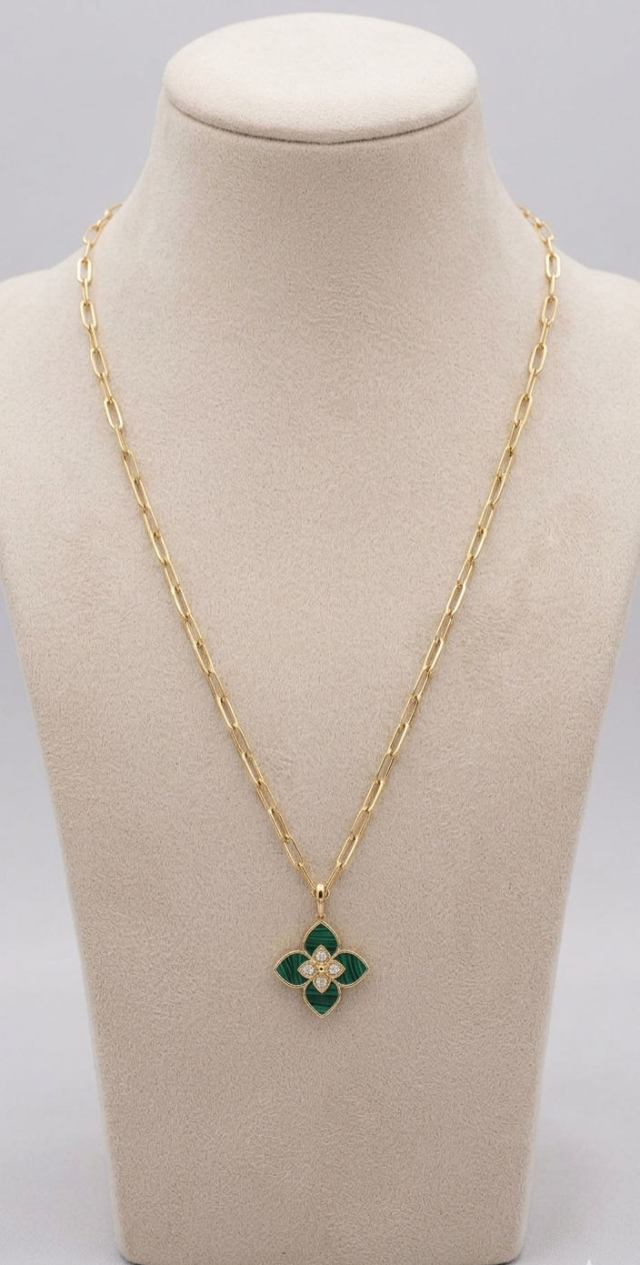 Alphabet RC Gold Plated Green Clover CZ Pendant Necklace