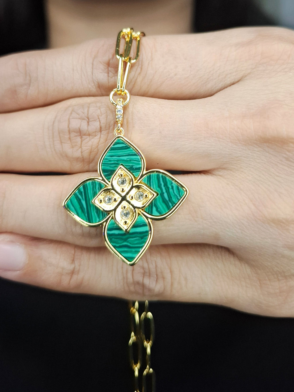 Alphabet RC Gold Plated Green Clover CZ Pendant Necklace