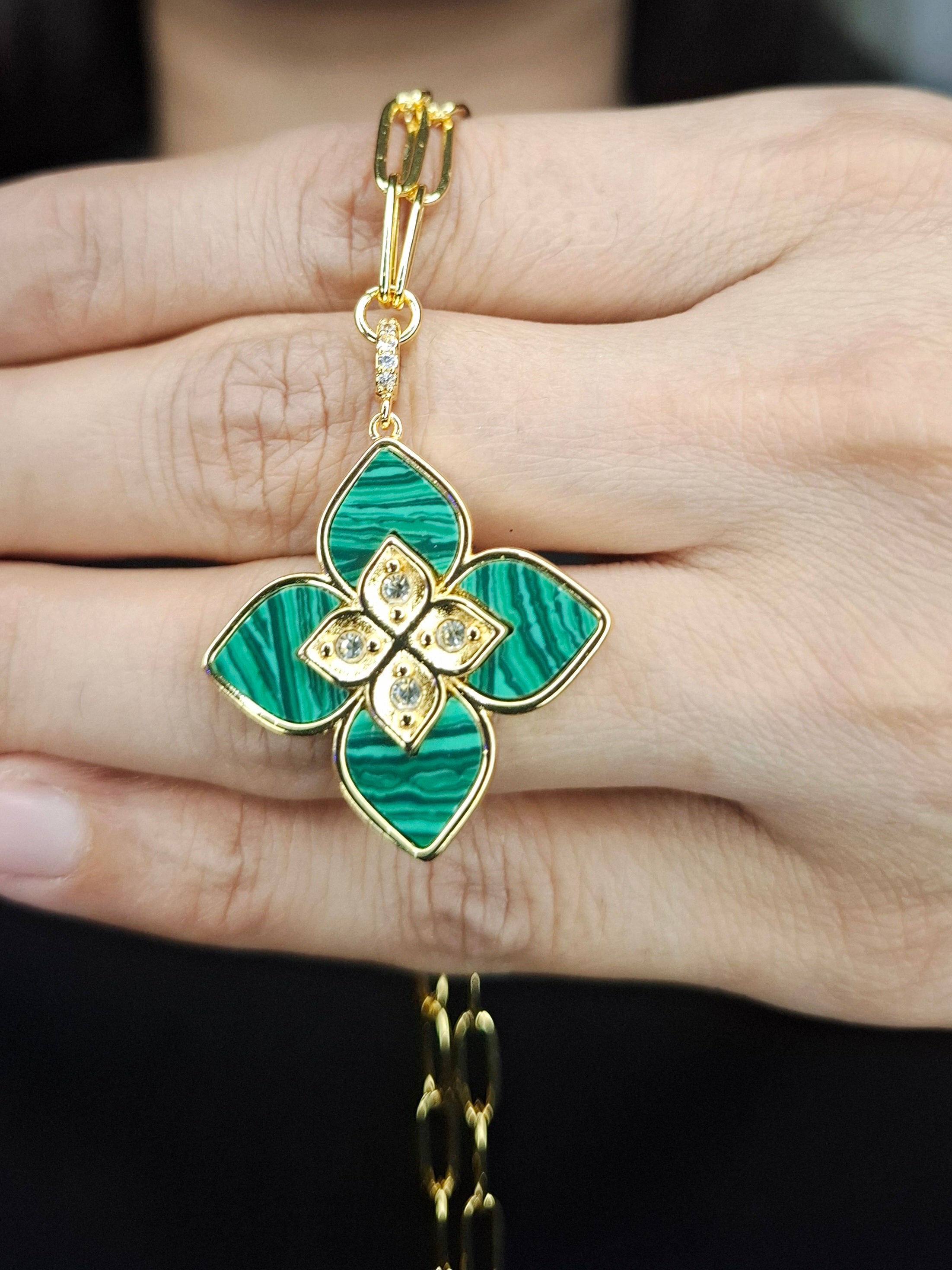 Alphabet RC Gold Plated Green Clover CZ Pendant Necklace