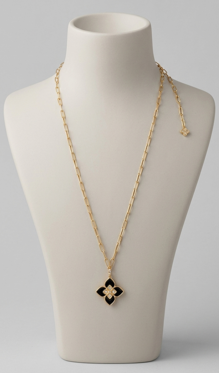 Alphabet RC Gold Plated Black Clover CZ Pendant Necklace