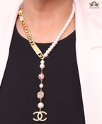 Half Gold and half Pearl Double C chain with mutlicolores stones and CZ