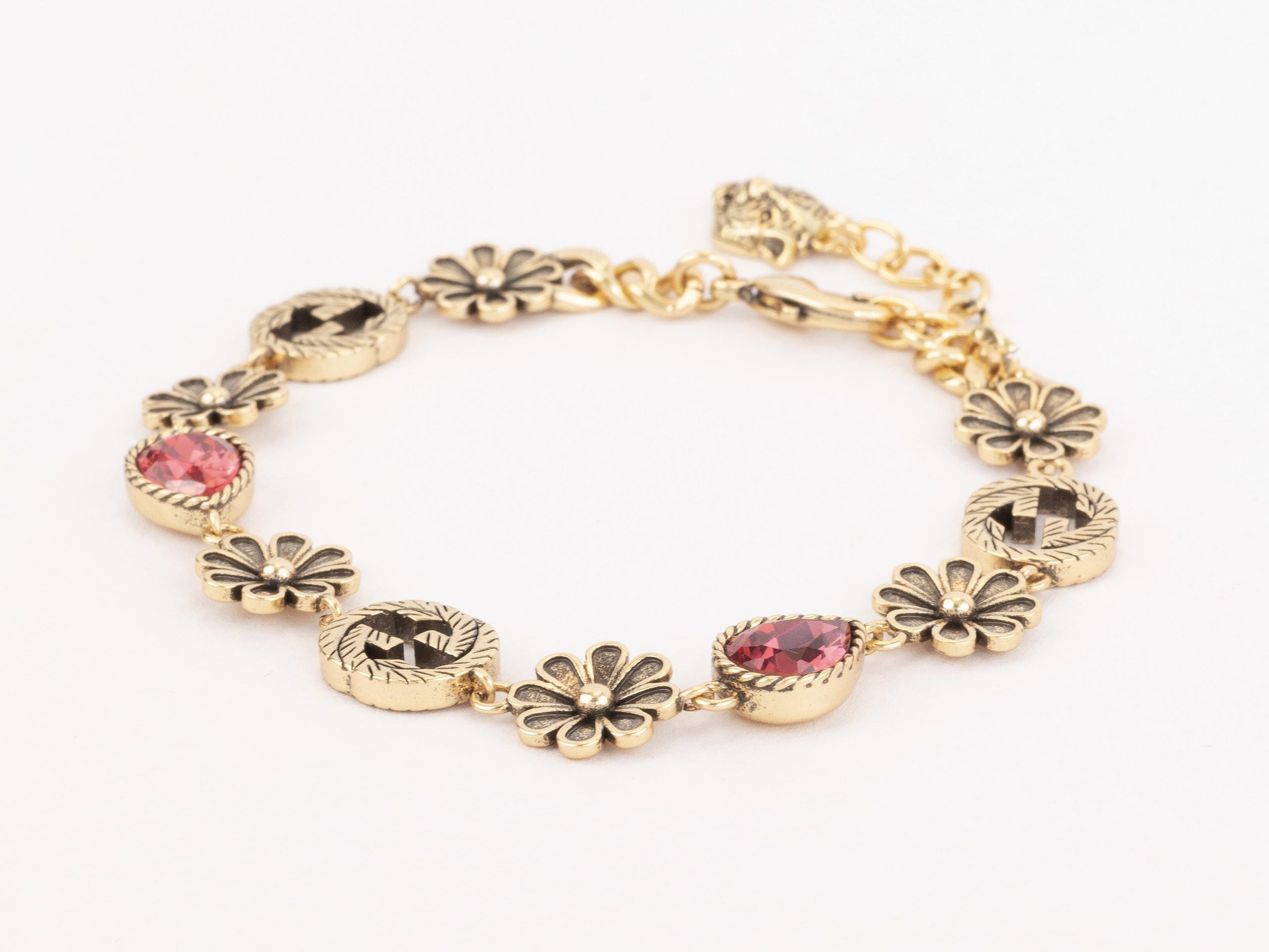 Rustic gold Double G and flowers bracelet with ruby