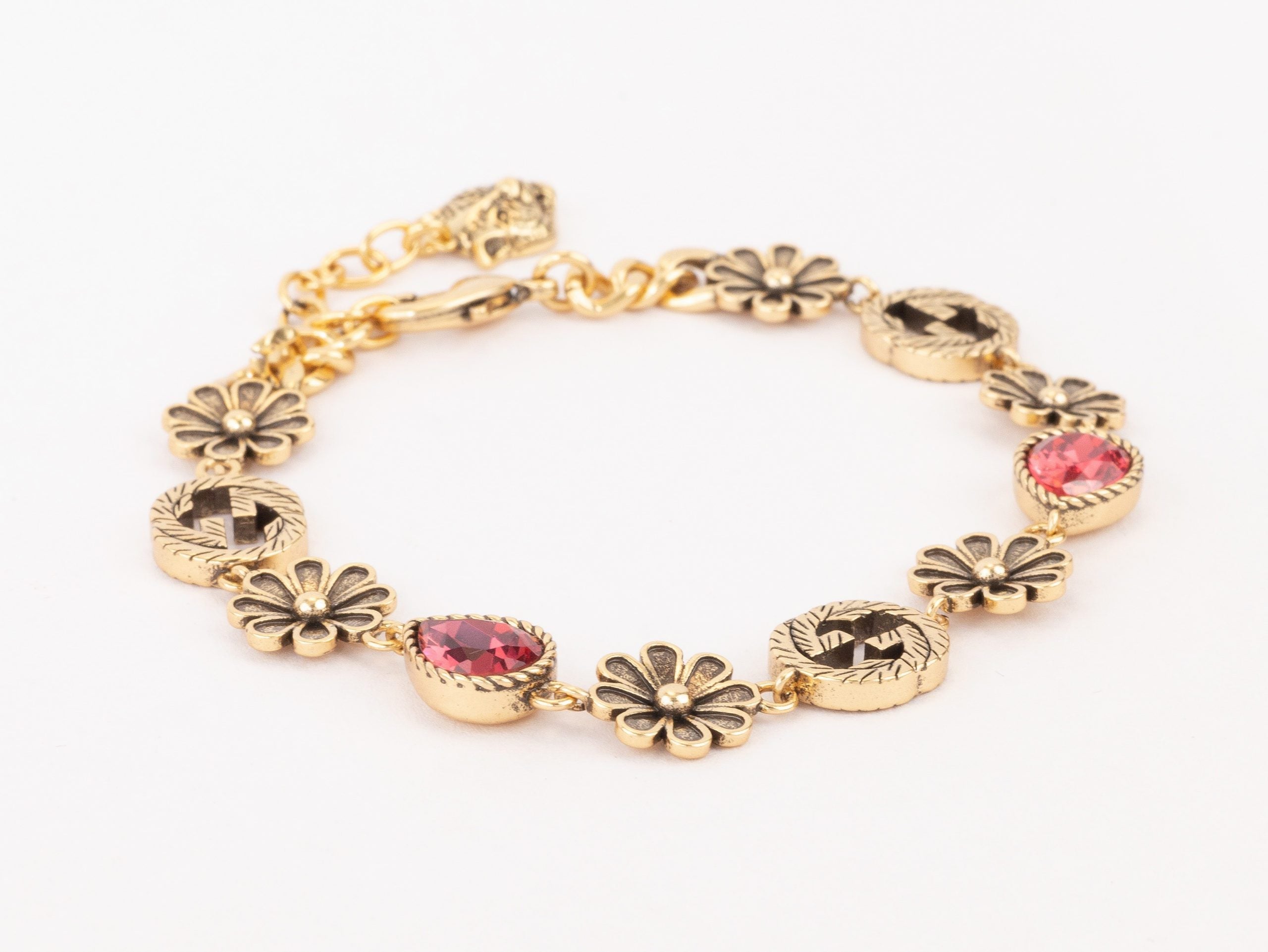 Rustic gold Double G and flowers bracelet with ruby