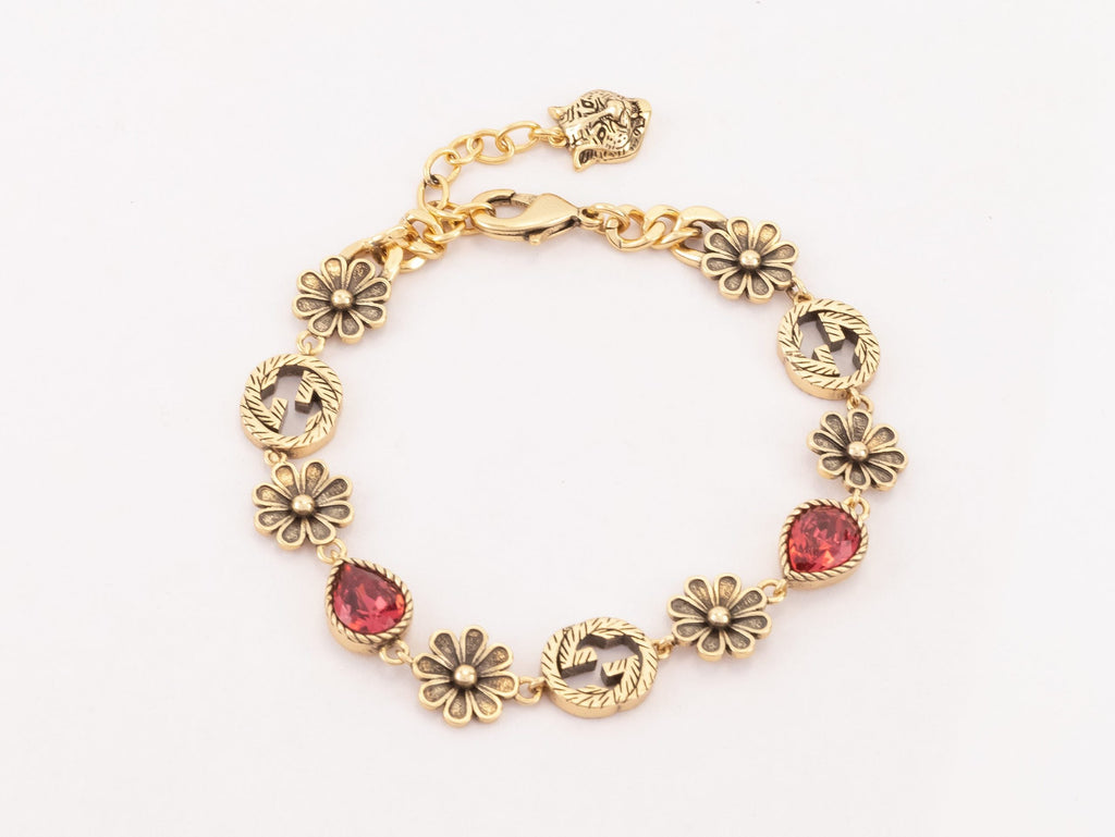 Rustic gold Double G and flowers bracelet with ruby