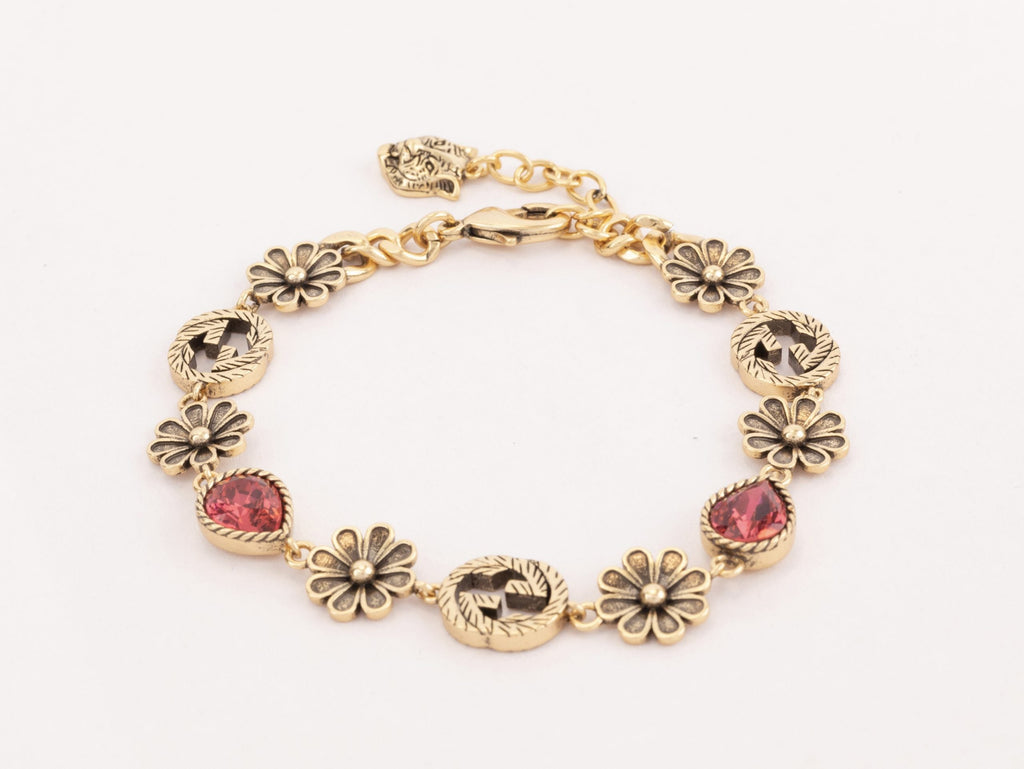 Rustic gold Double G and flowers bracelet with ruby