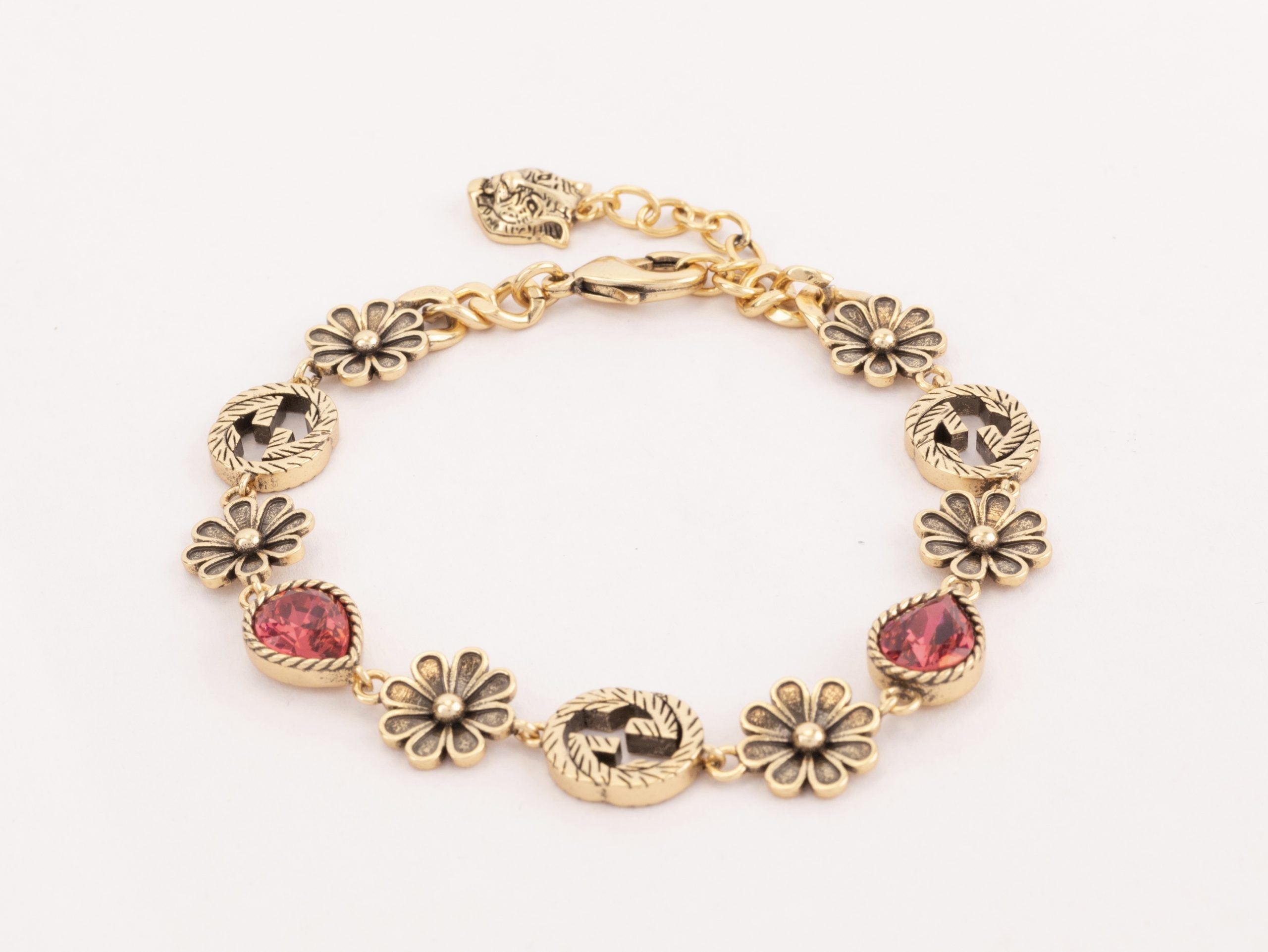 Rustic gold Double G and flowers bracelet with ruby
