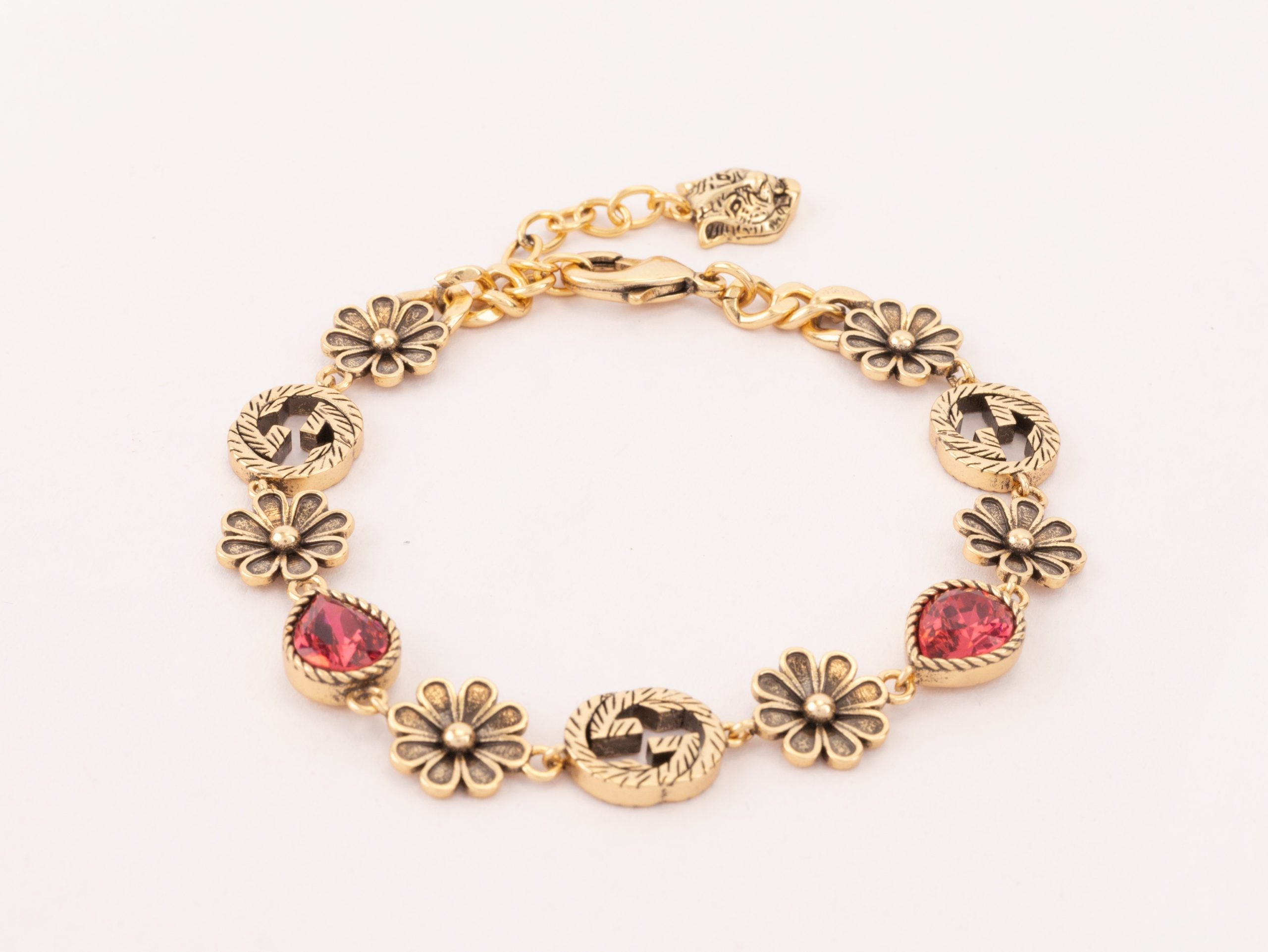 Rustic gold Double G and flowers bracelet with ruby