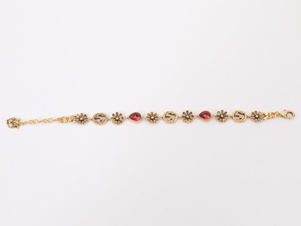 Rustic gold Double G and flowers bracelet with ruby