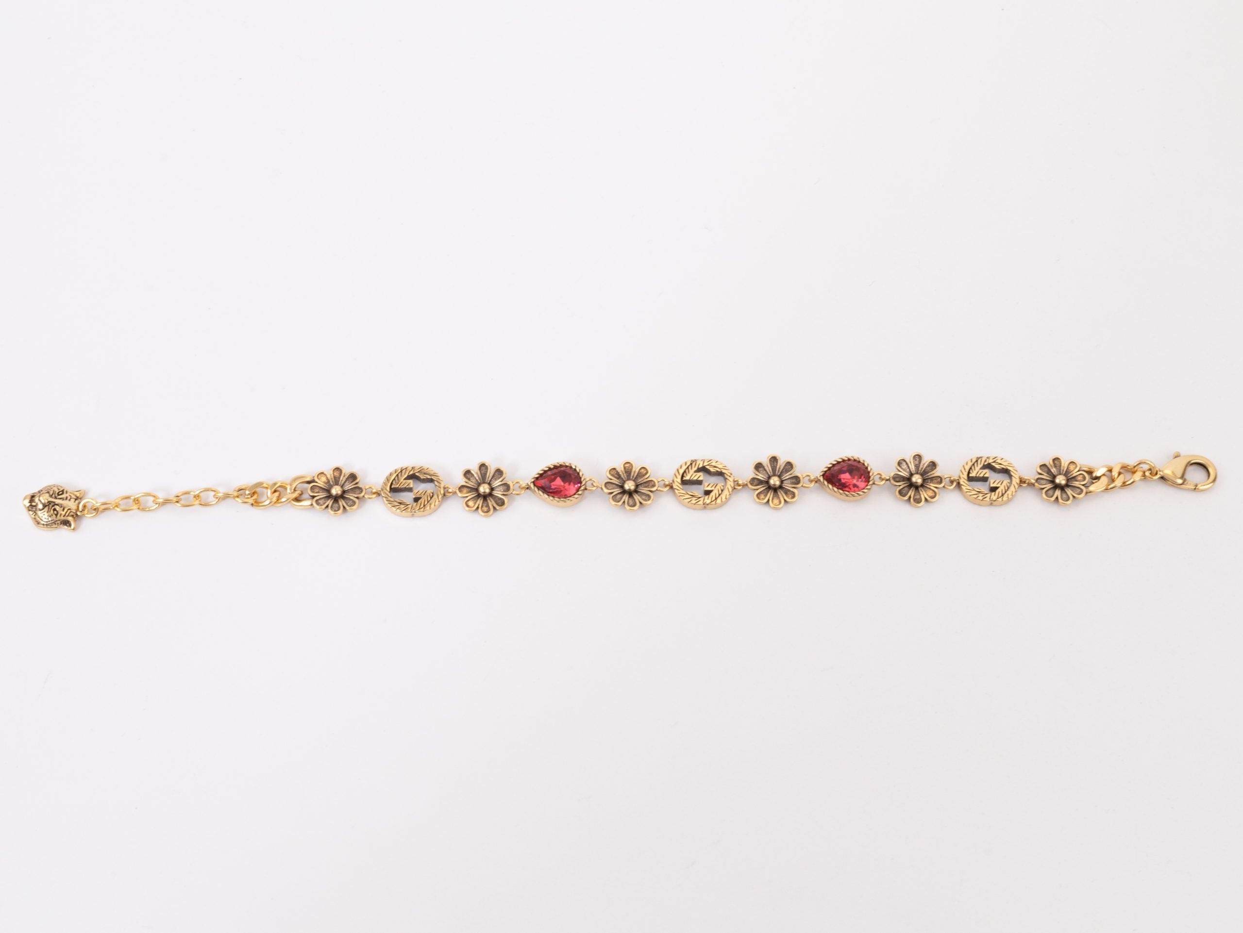 Rustic gold Double G and flowers bracelet with ruby