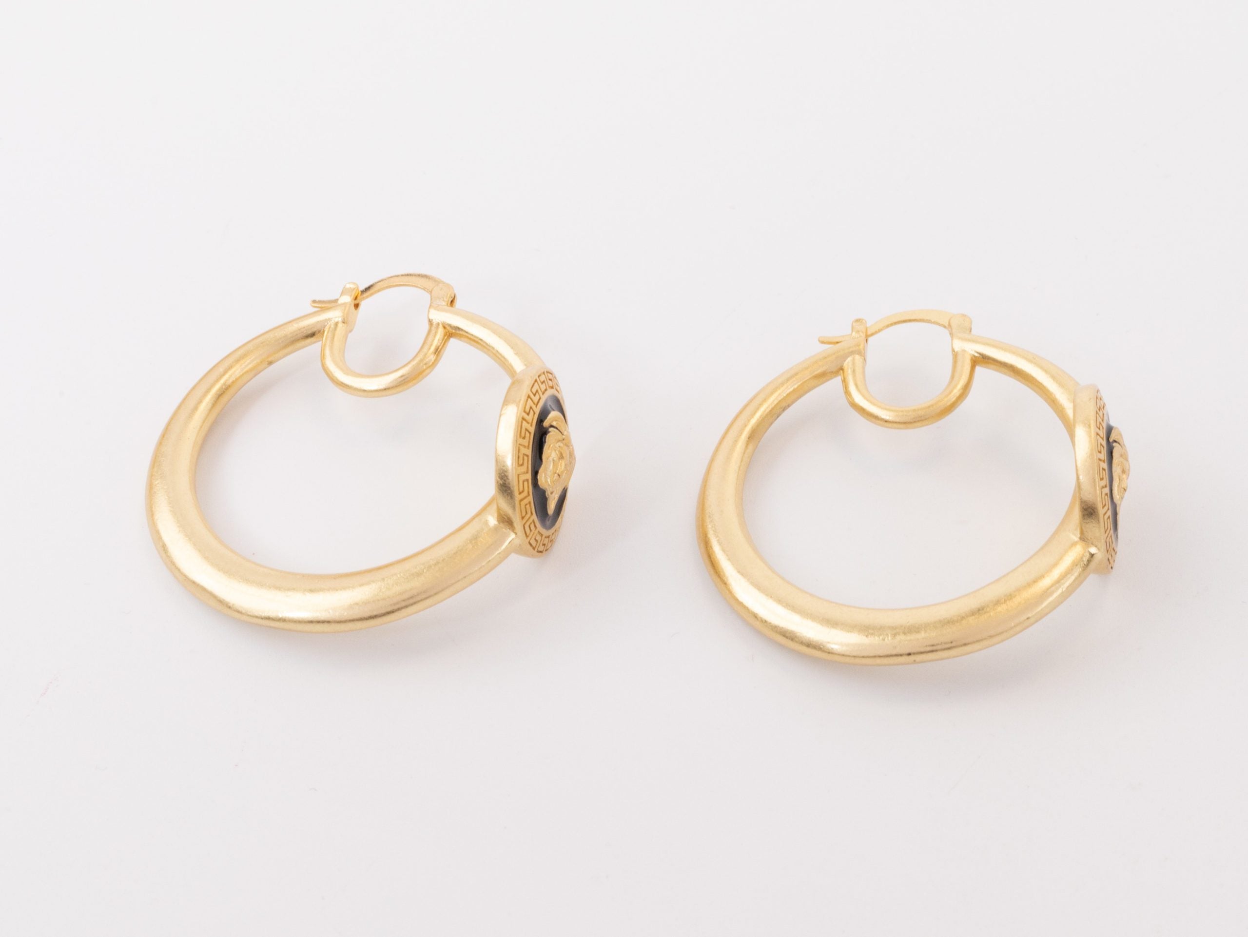 Gold Medusa on Black enamel hoops