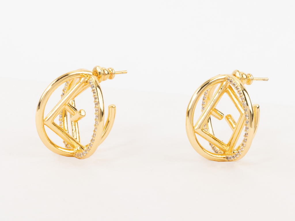 Half F gold earrings hoops with CZ