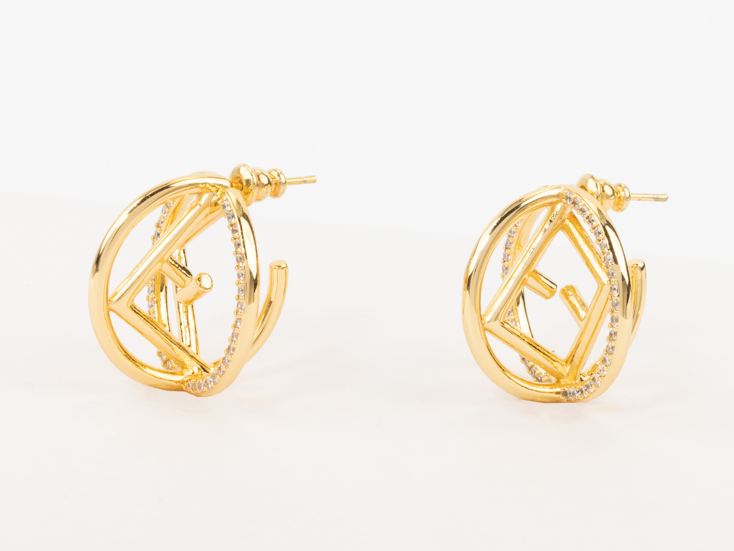 Half F gold earrings hoops with CZ