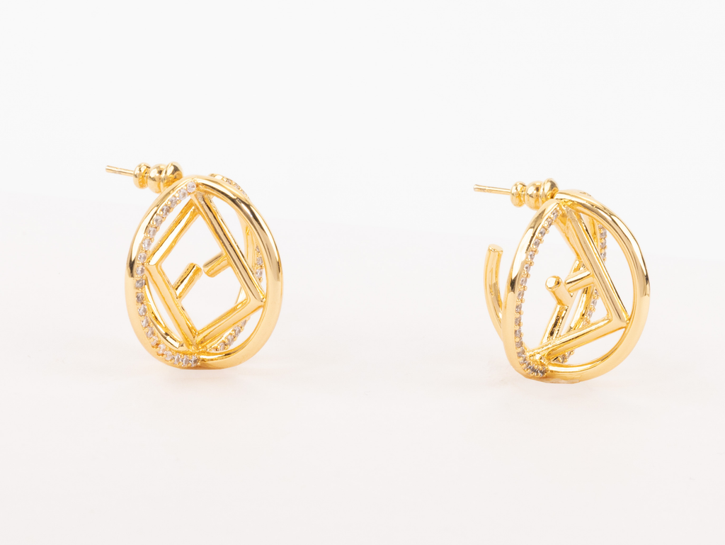 Half F gold earrings hoops with CZ