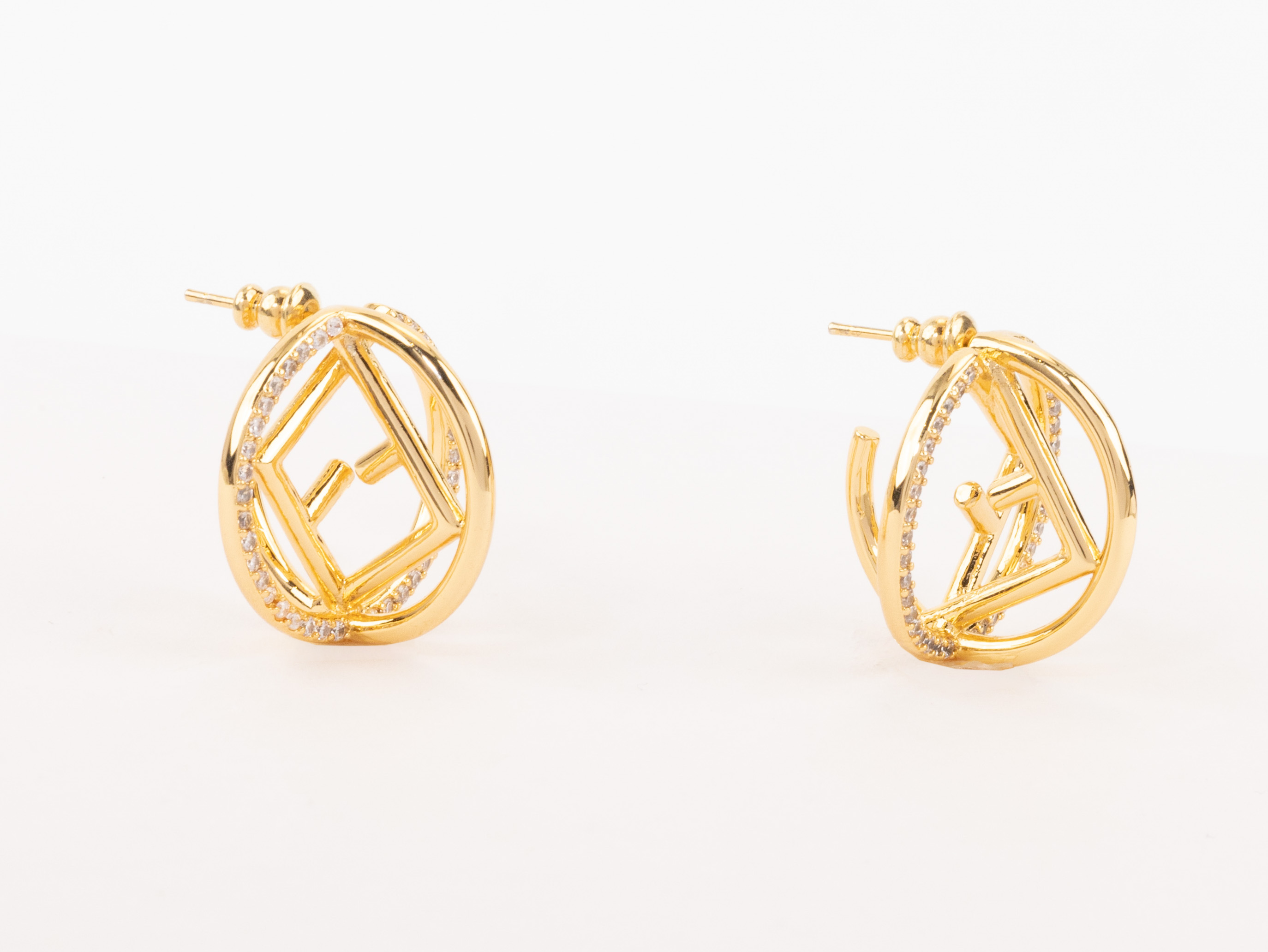 Half F gold earrings hoops with CZ
