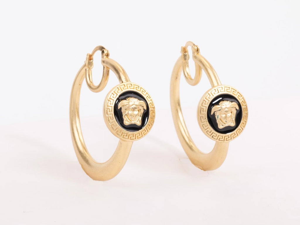 Gold Medusa on Black enamel hoops