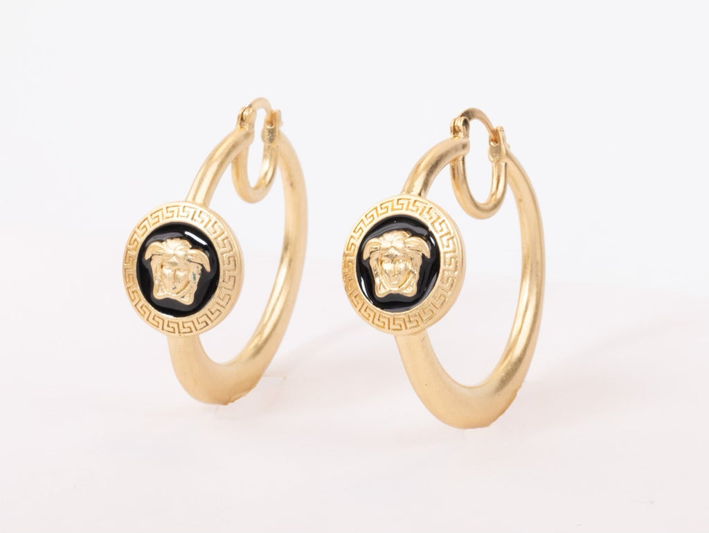Gold Medusa on Black enamel hoops