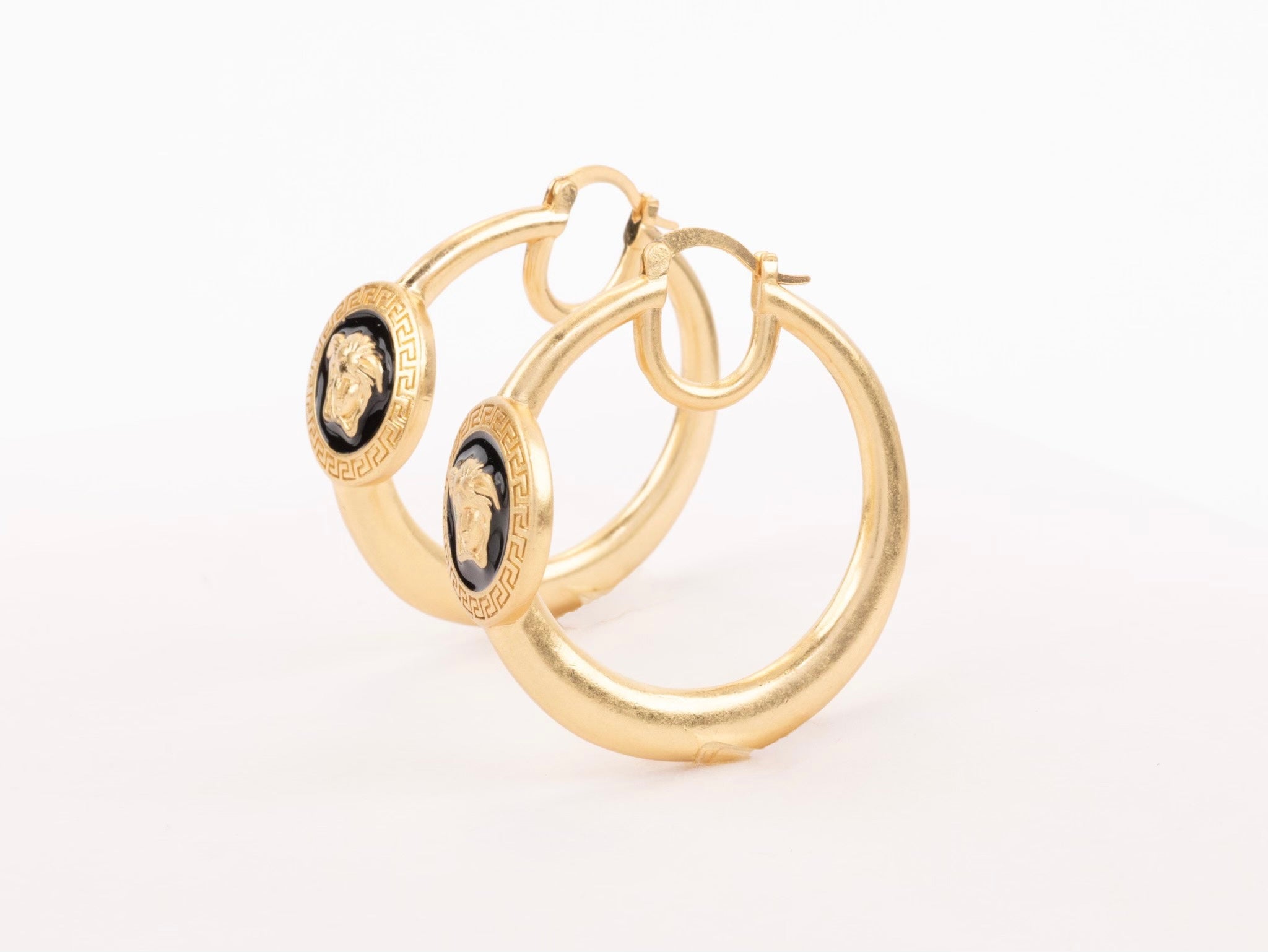 Gold Medusa on Black enamel hoops