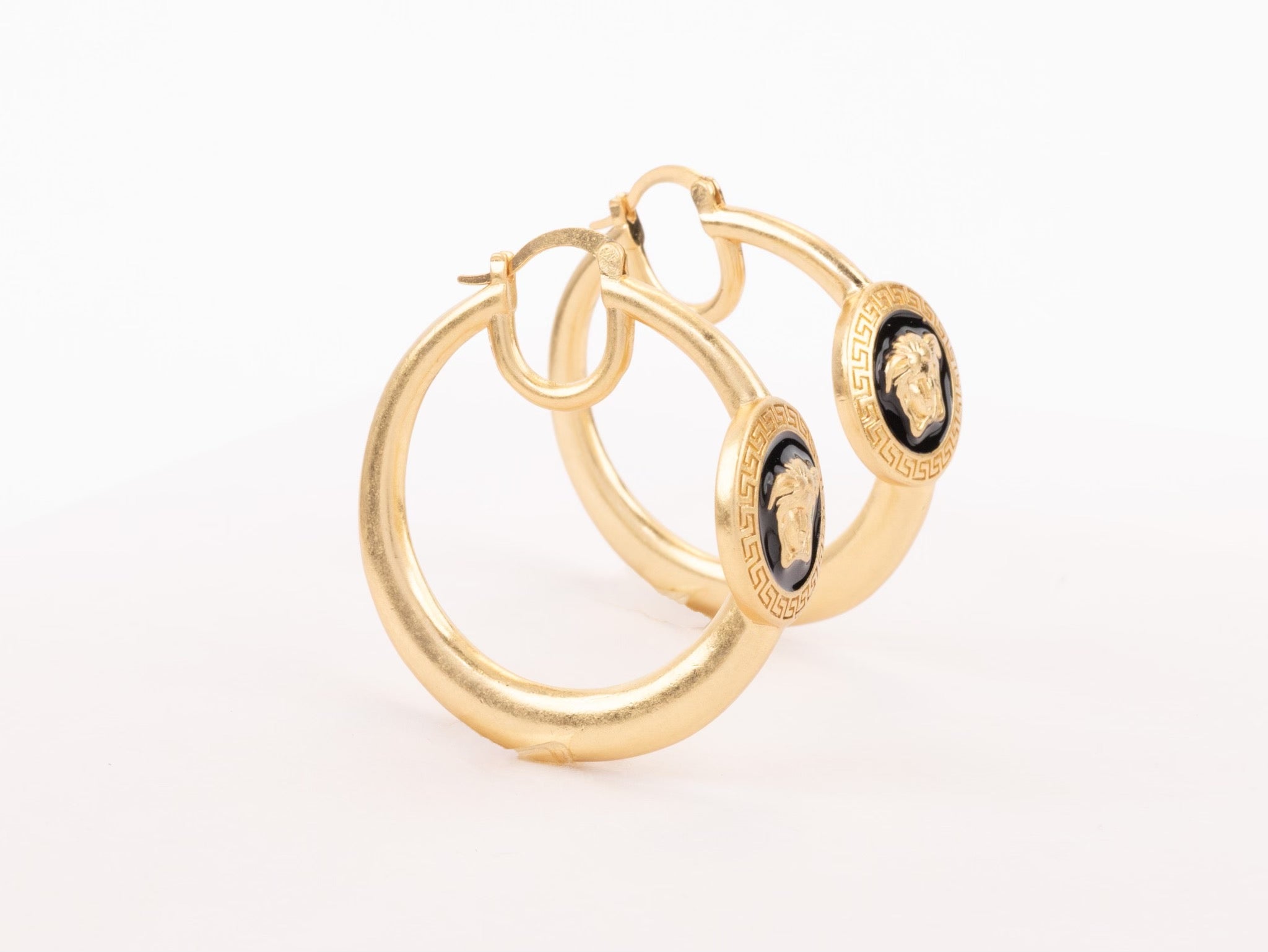 Gold Medusa on Black enamel hoops