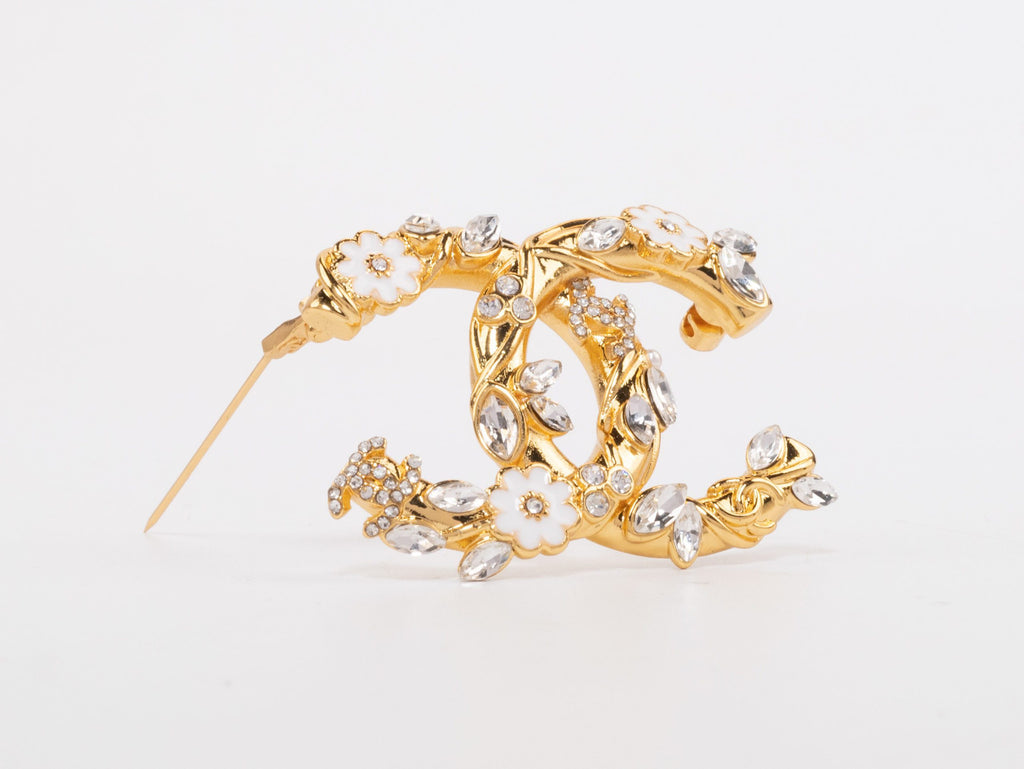 Gold Double C brooch with enamel flowers and cz leaves