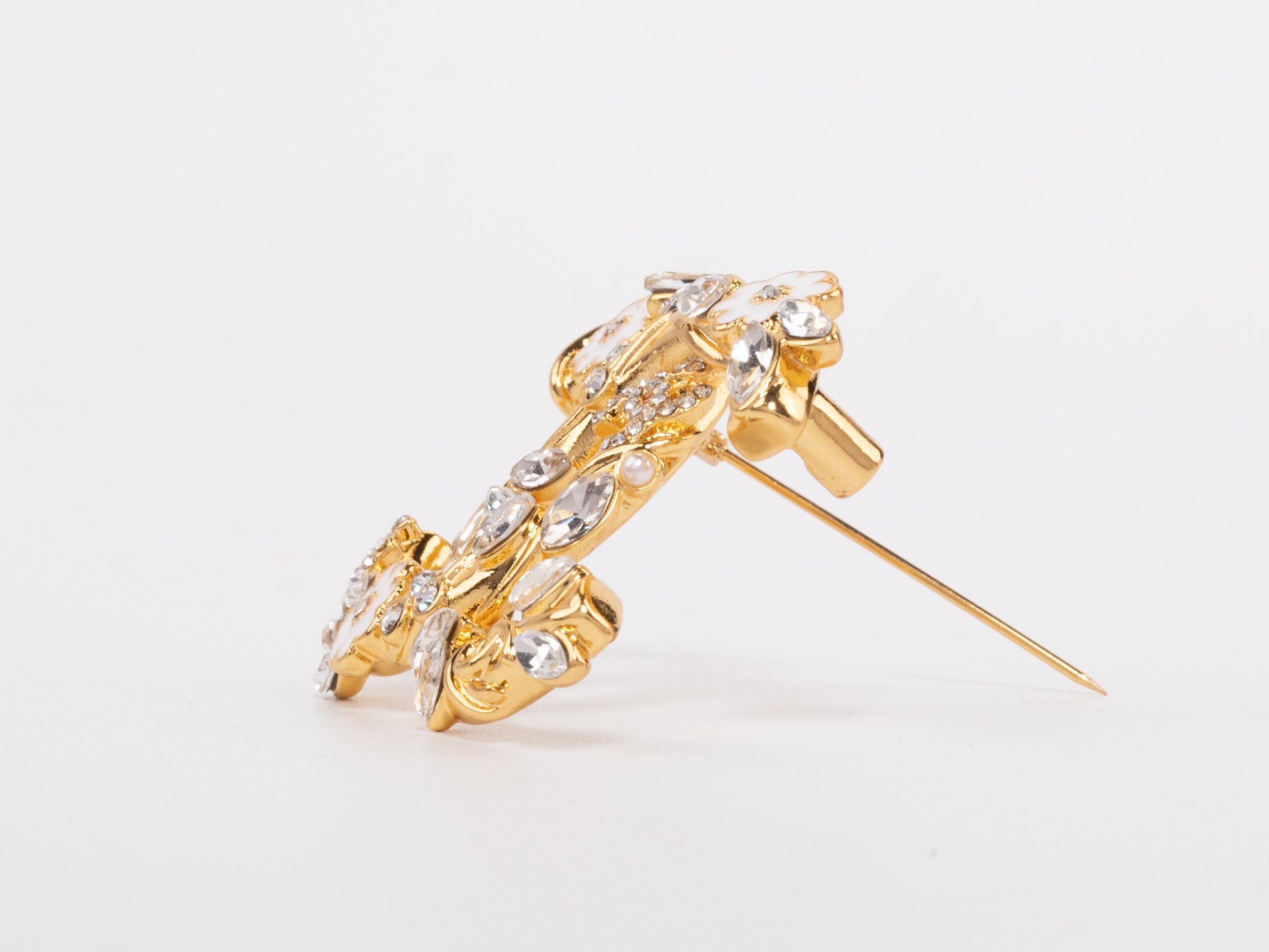 Gold Double C brooch with enamel flowers and cz leaves