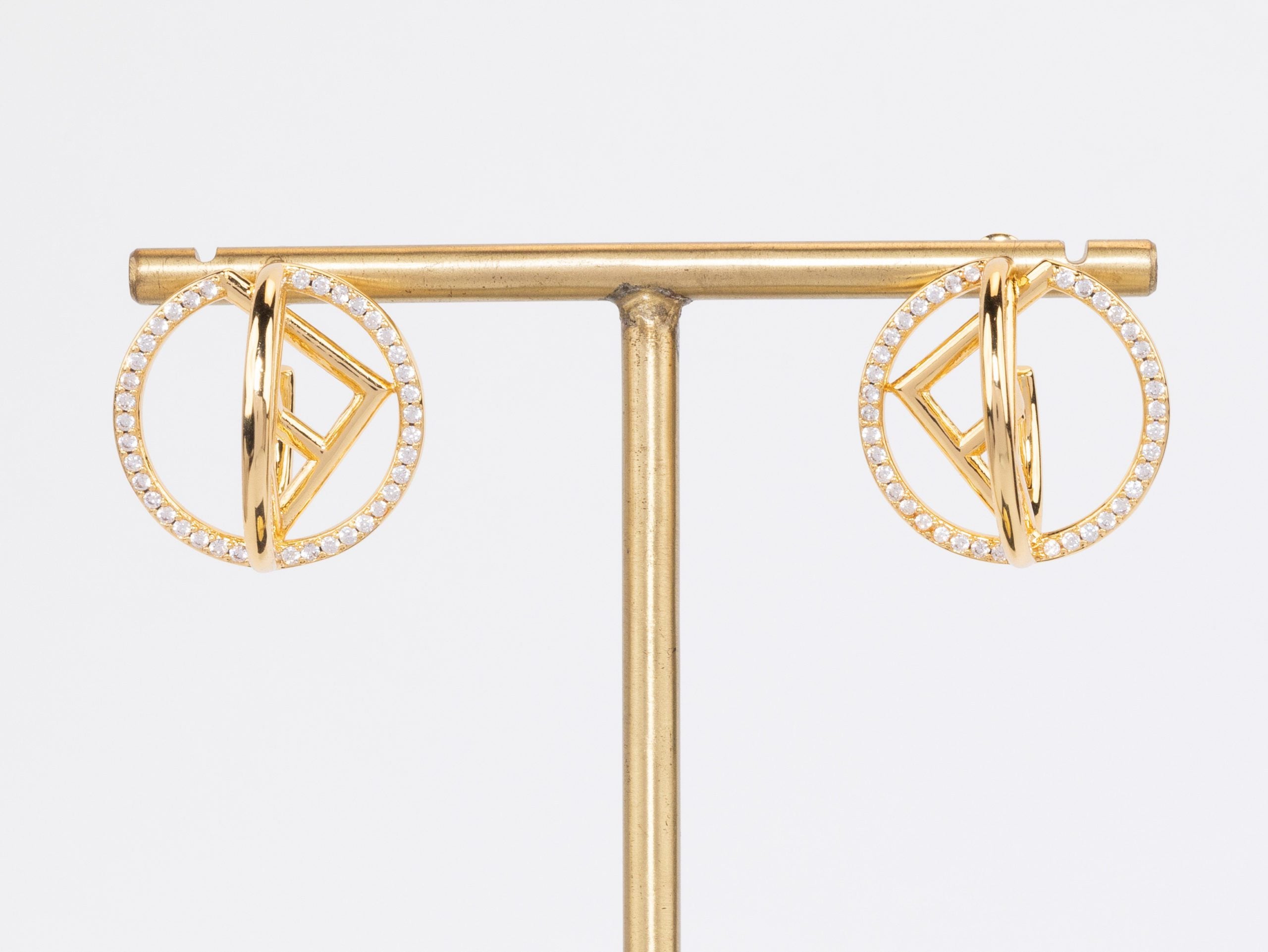 Half F gold earrings hoops with CZ