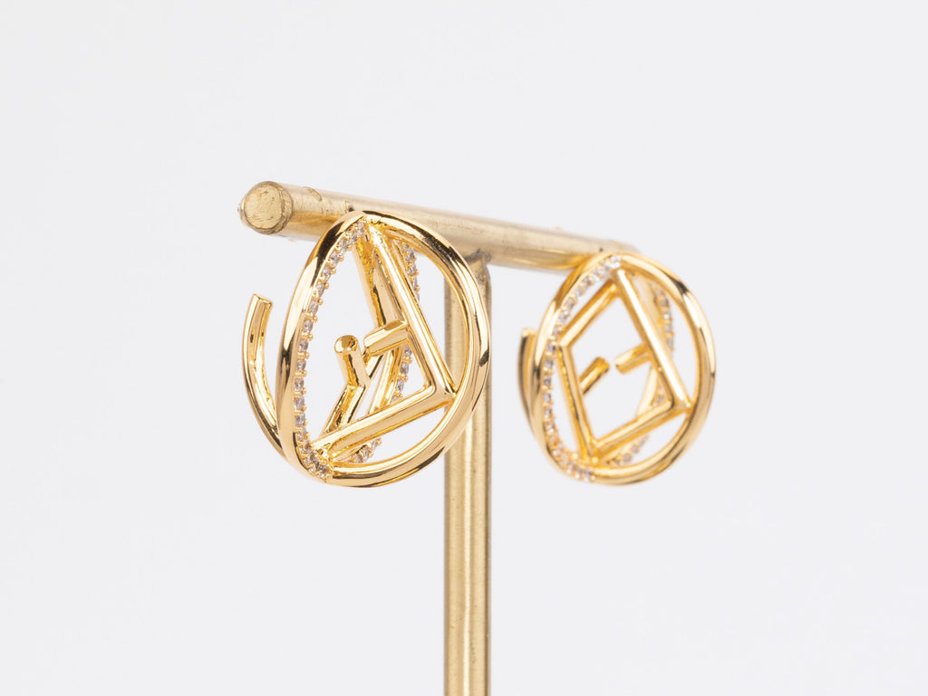 Half F gold earrings hoops with CZ