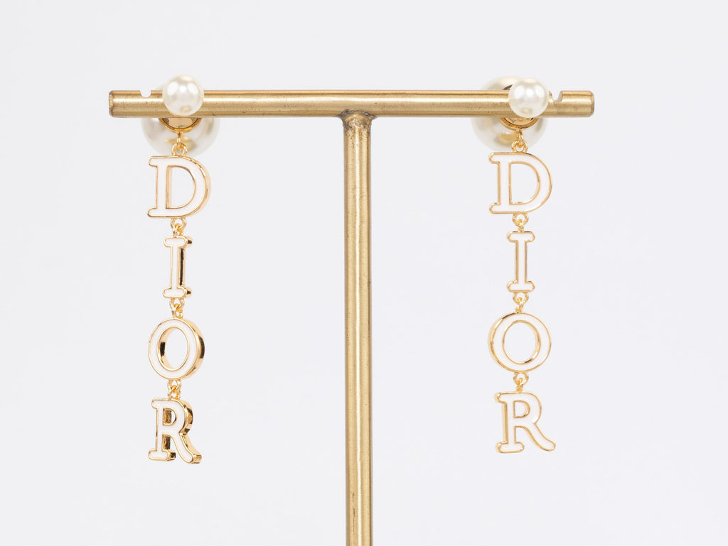 Long gold enamel alphabet C and D pearl earrings