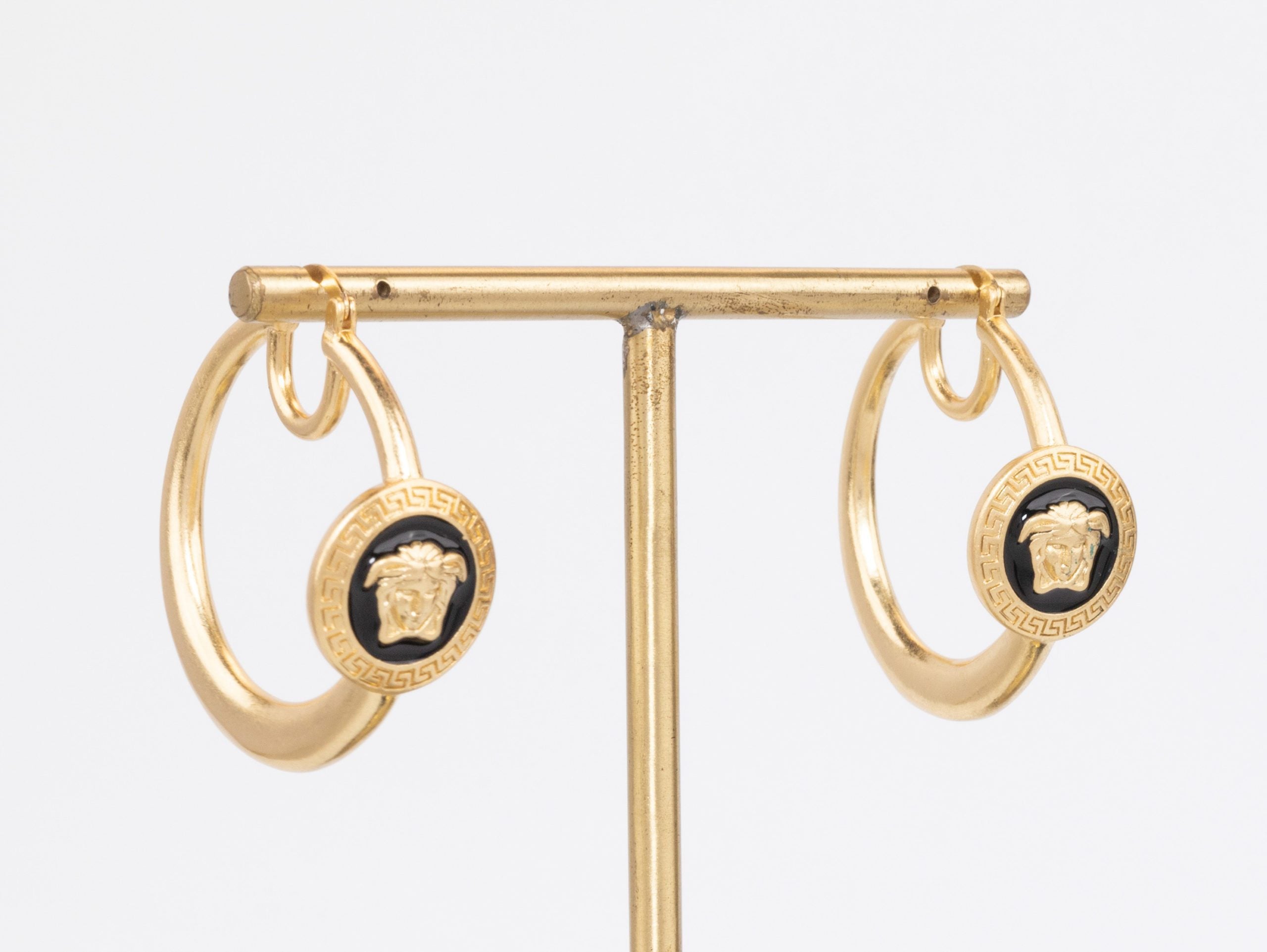 Gold Medusa on Black enamel hoops