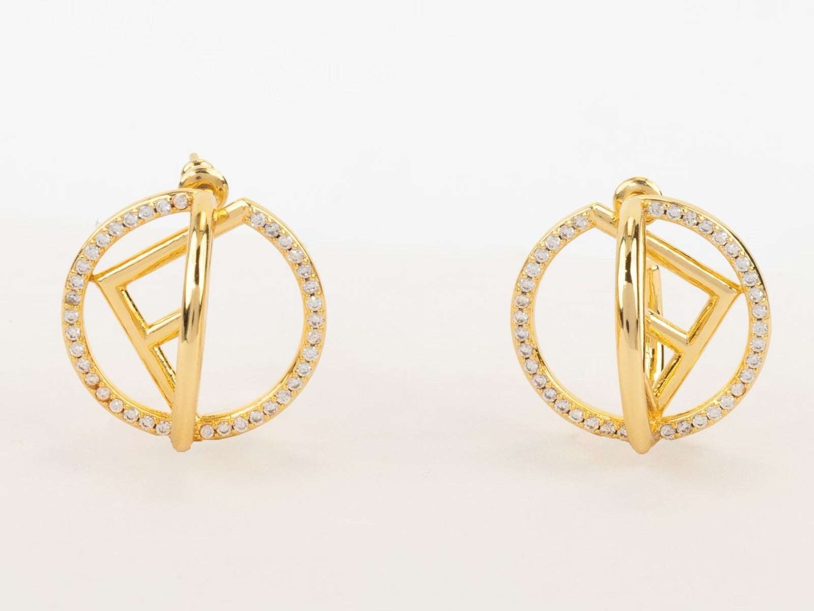 Half F gold earrings hoops with CZ