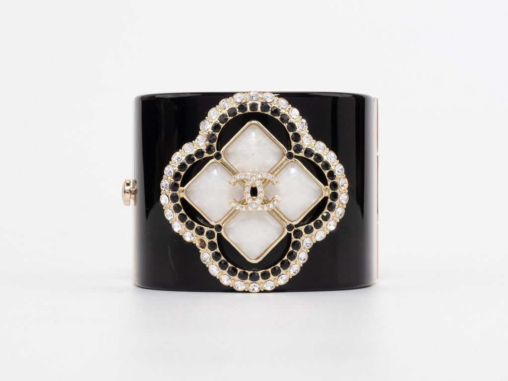 Double C clover motif MOP gold white enamel black bracelet