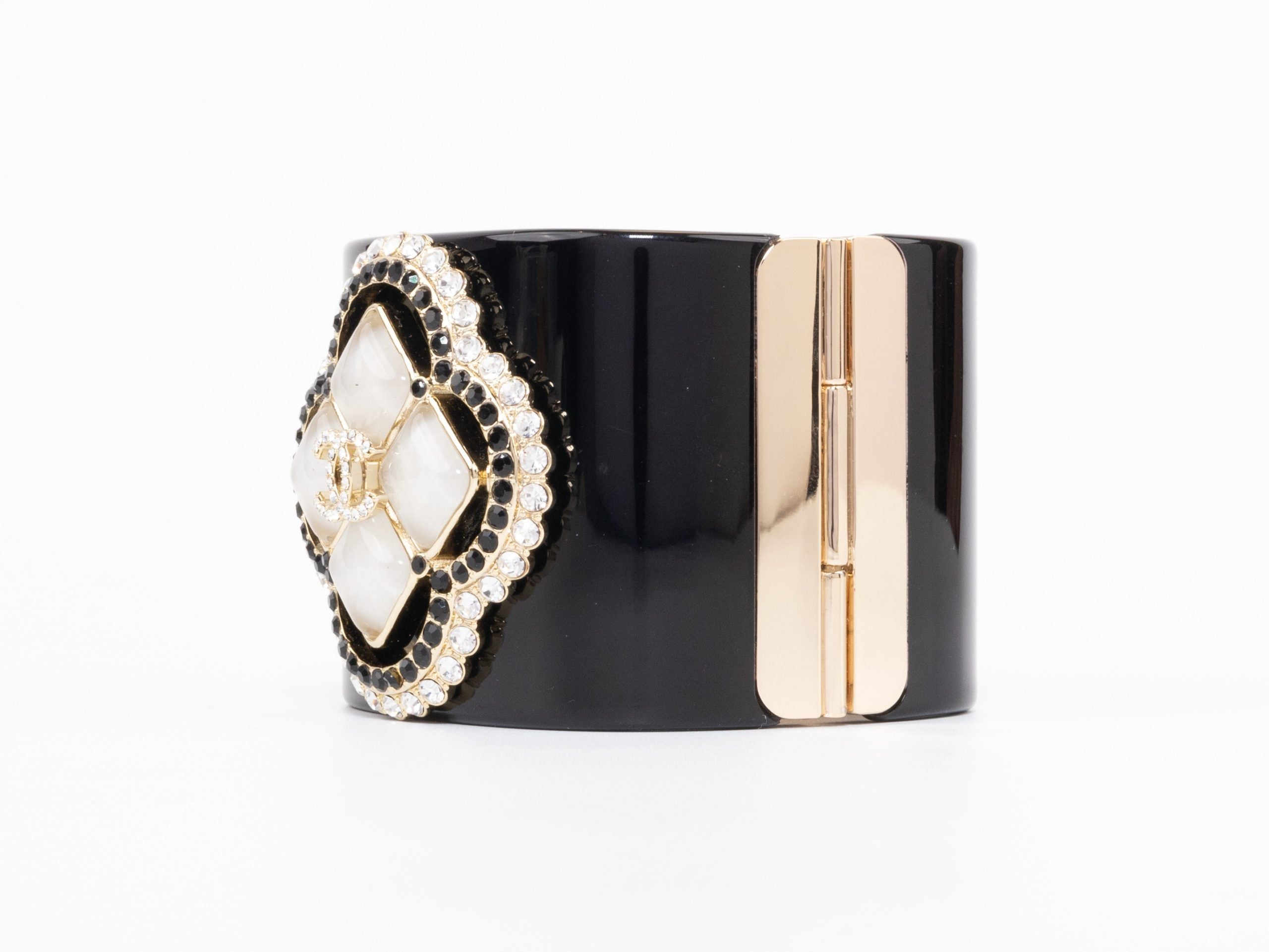 Double C clover motif MOP gold white enamel black bracelet