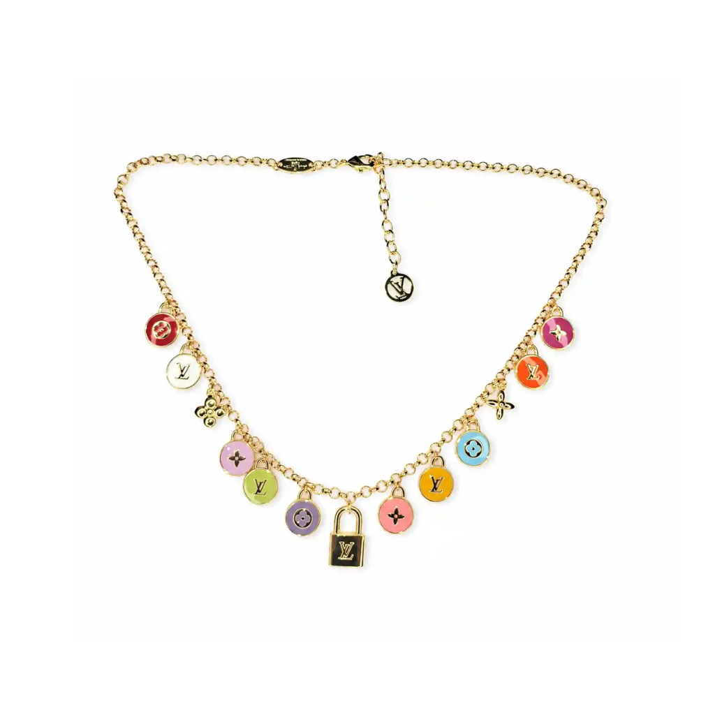 Gold Plated Multicolor Alphabet LV Charm Necklace