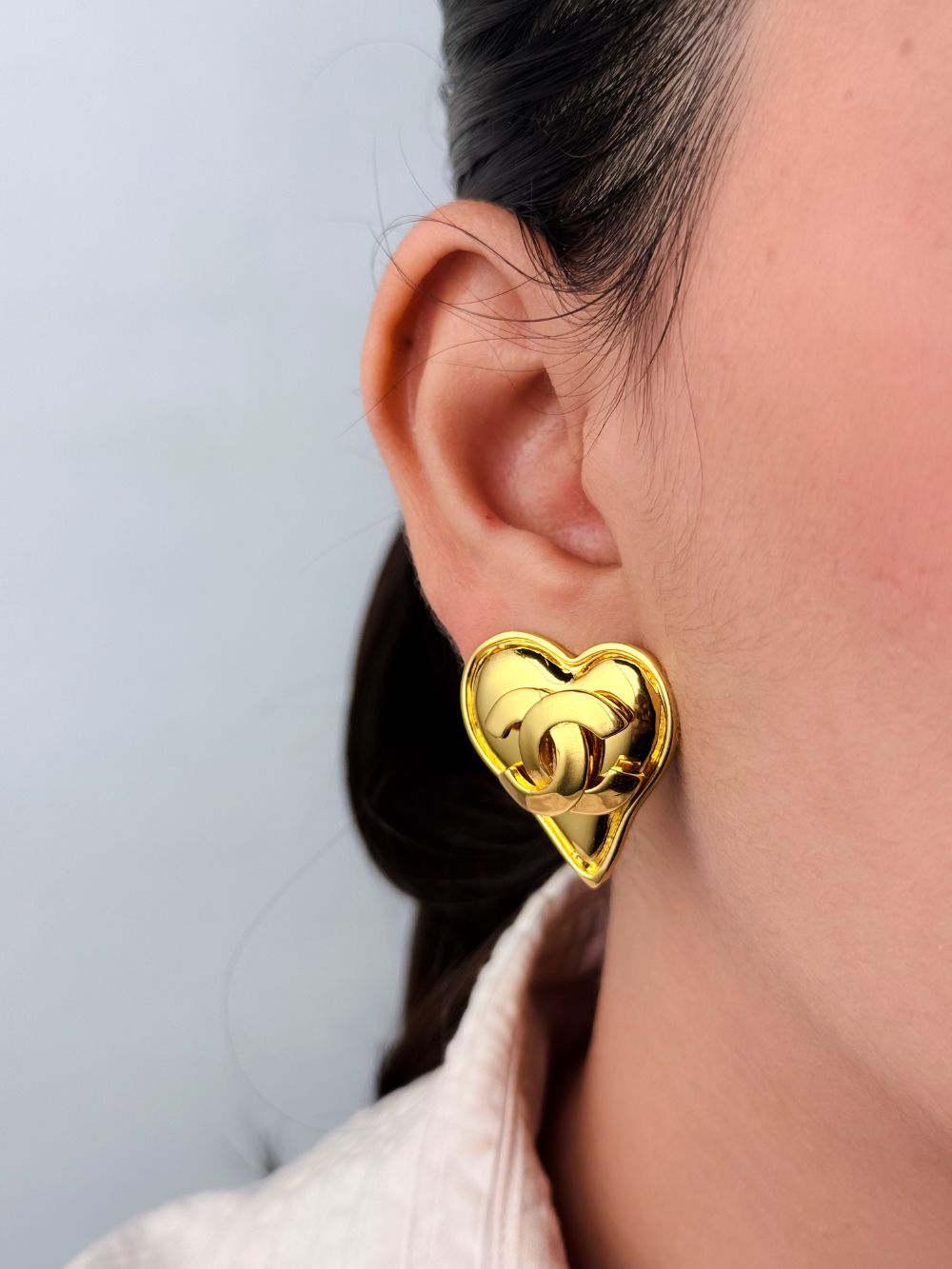 cross twin C stereo heart Clipon Stud earrings