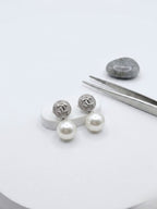 Double C Platinum Stud with CZ and Pearl Drop