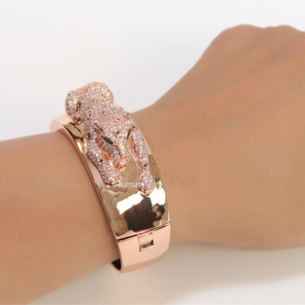 Broad band rose gold bracelet with cz panther motif