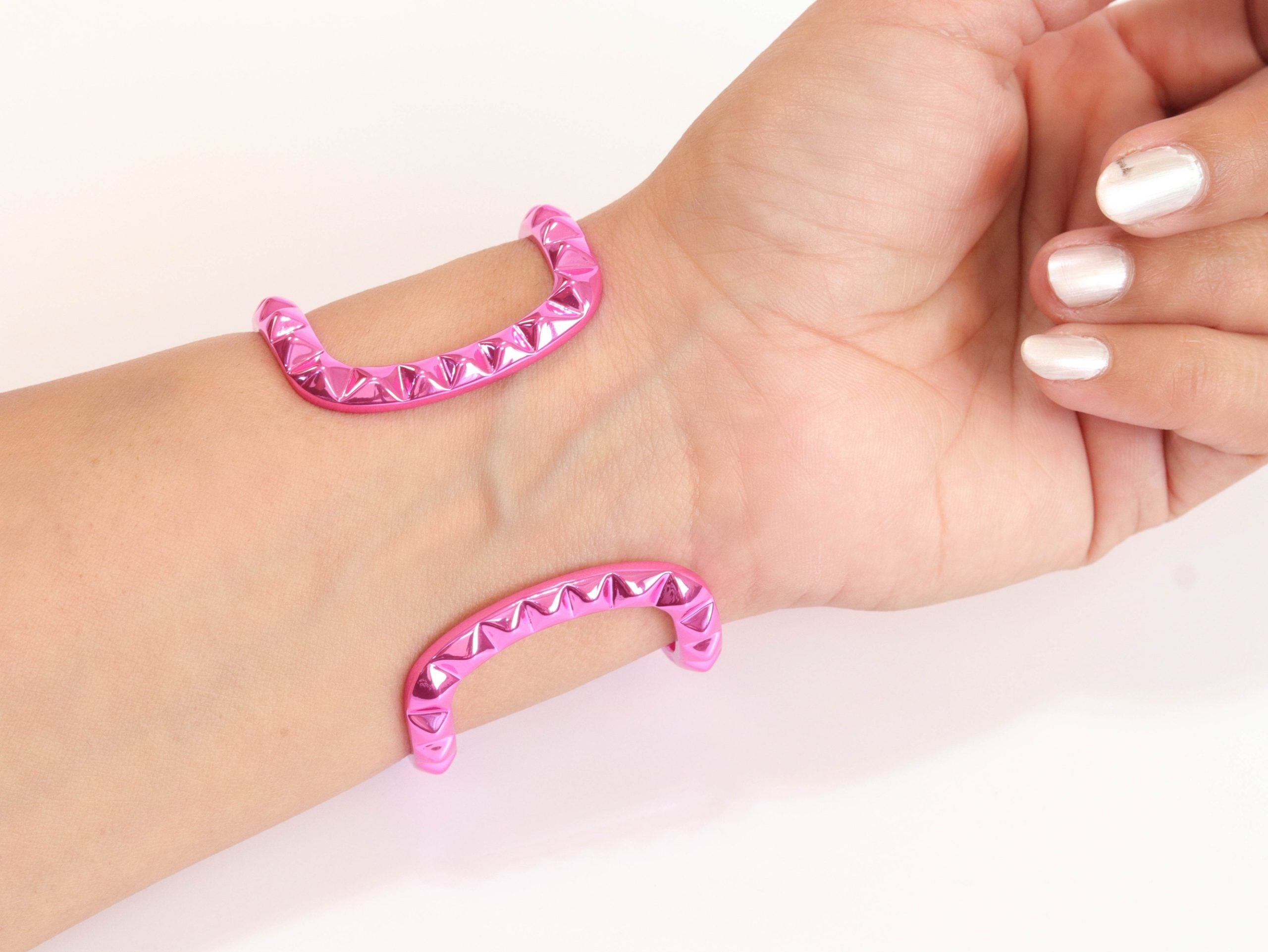Pink chrome engraved broad bracelet cz
