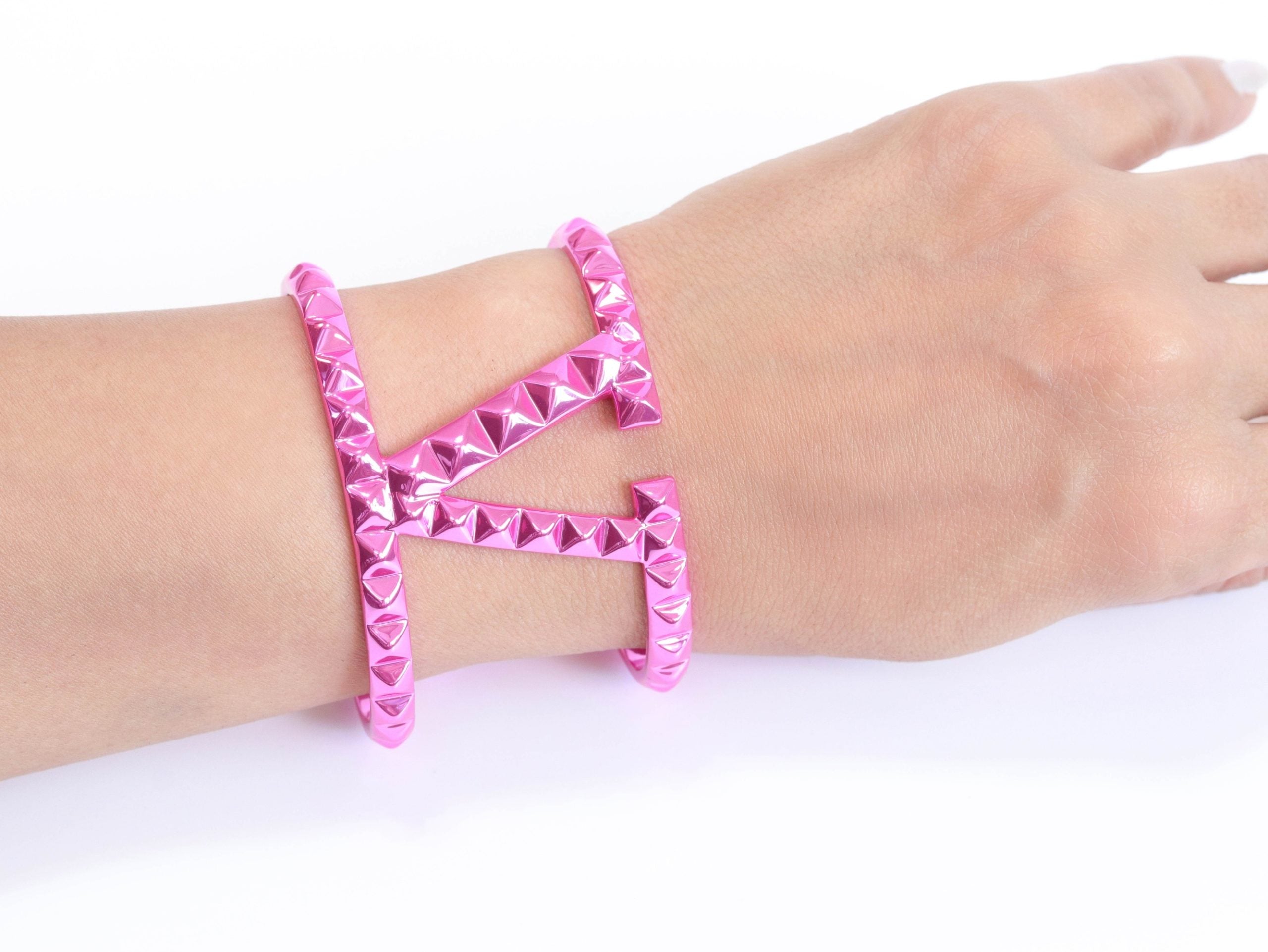 Pink chrome engraved broad bracelet cz