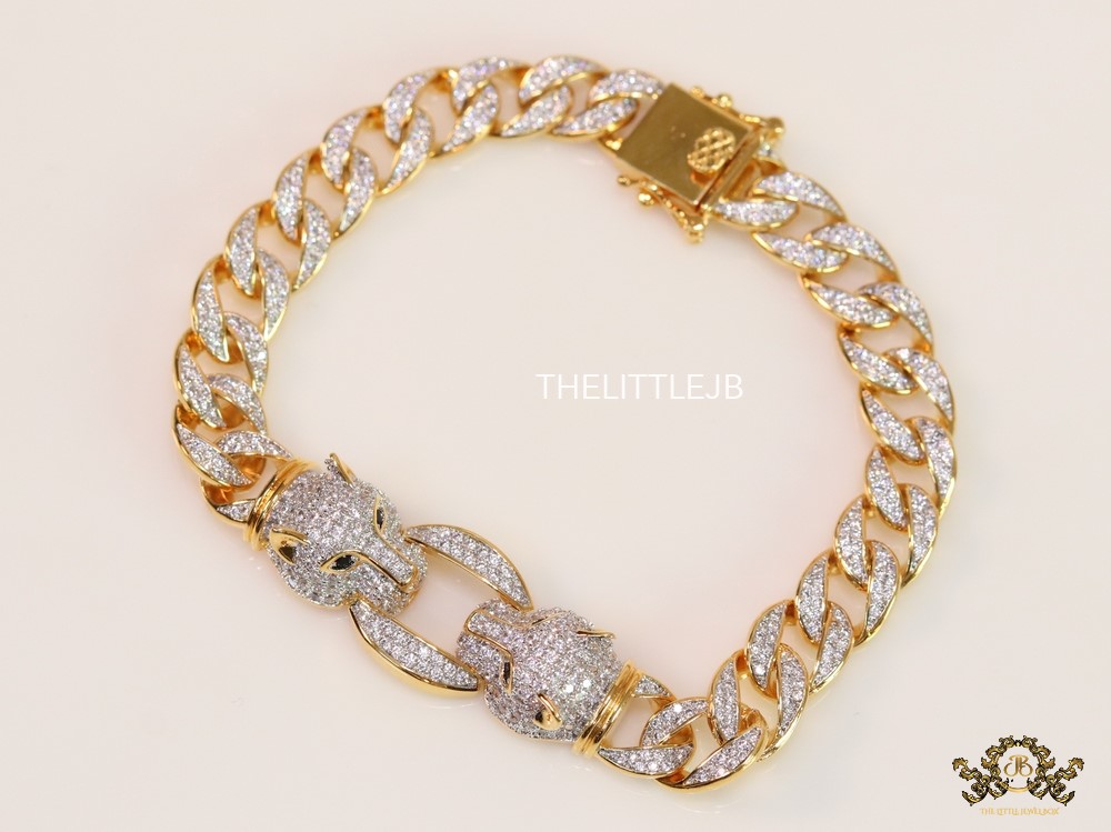 Mens dual plated cuban chain bracelet with cz panther motif