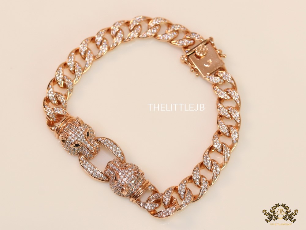 Mens Rose Gold plated cuban chain bracelet with cz panther motif