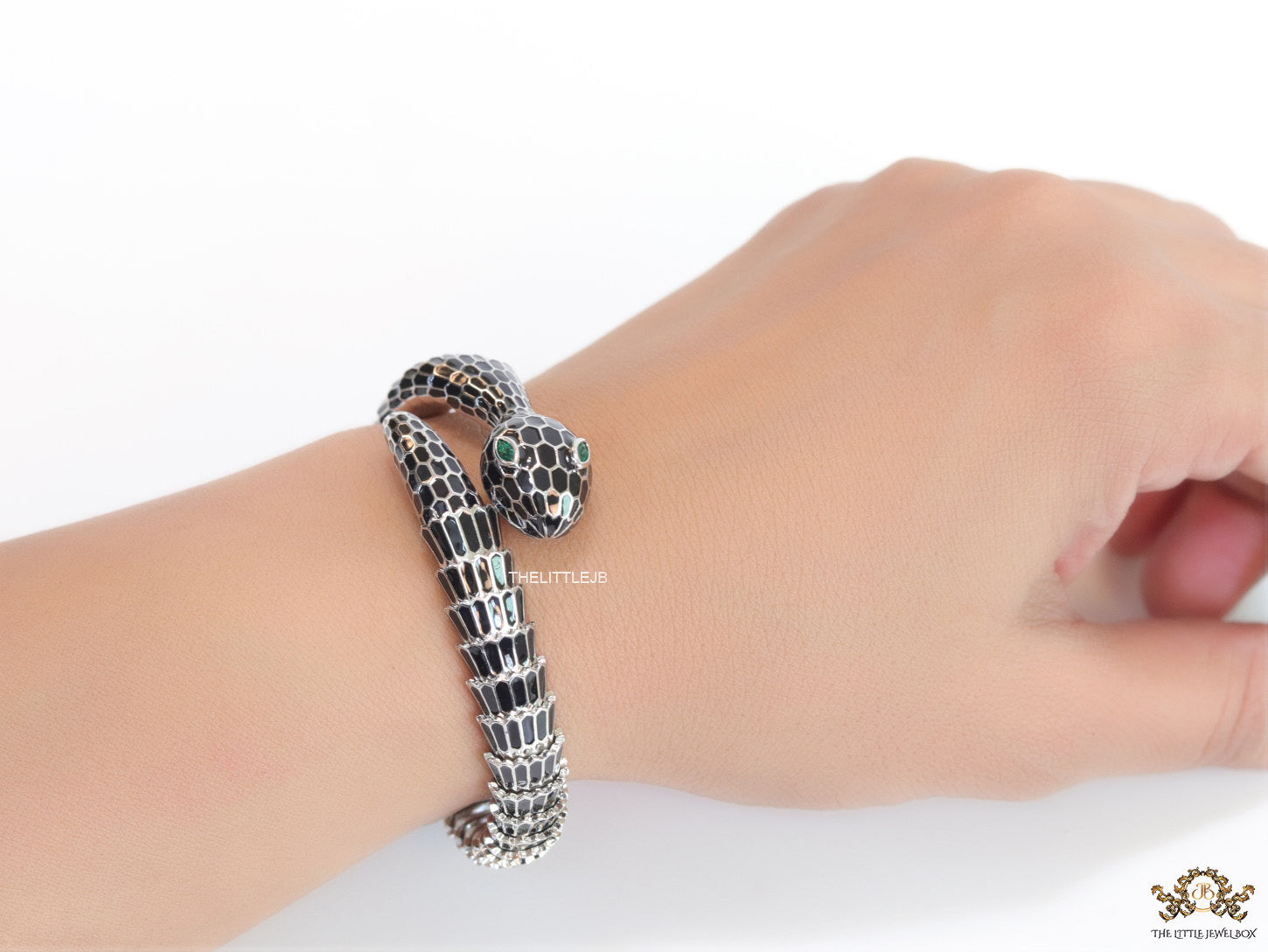 snake open bracelet in black enamel and platinum finish